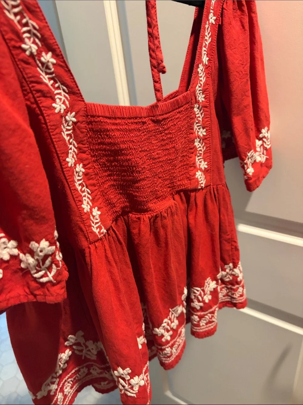 Old Navy Red Square-Neck Embroidered Peasant Blouse